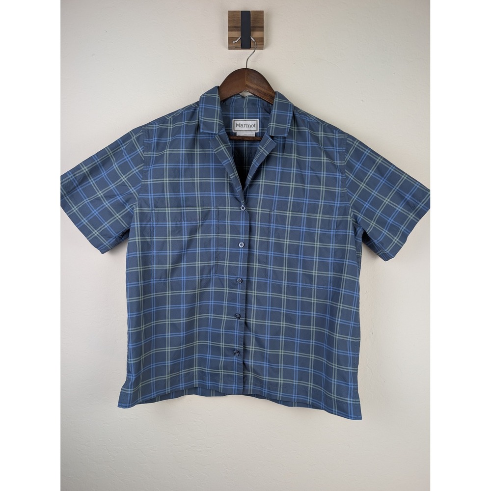 Marmot Mens Blue Plaid Short Sleeve Button Down Camp Shirt M16118 Size Medium